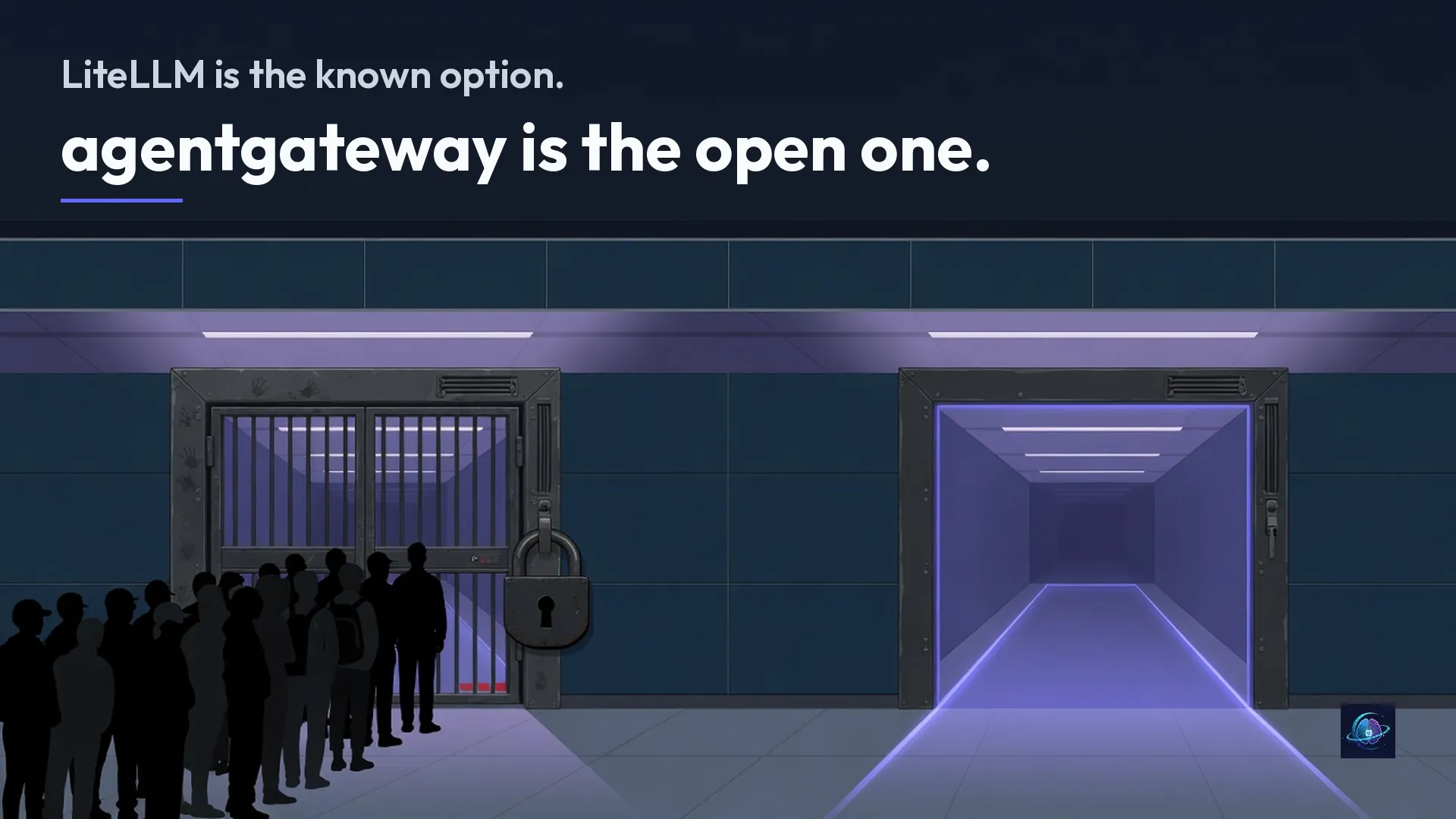 Two gates in one corridor: a crowded locked door on the left, an open unlocked path on the right