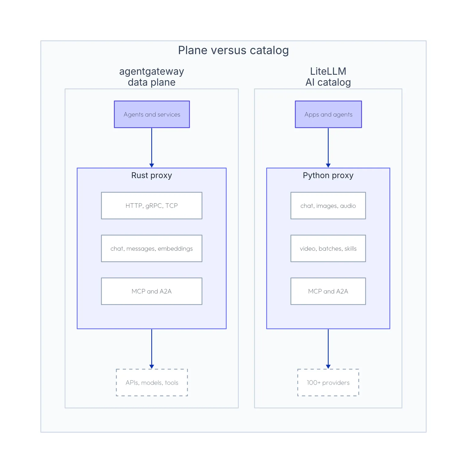 agentgateway as a data plane beside LiteLLM as an AI catalog